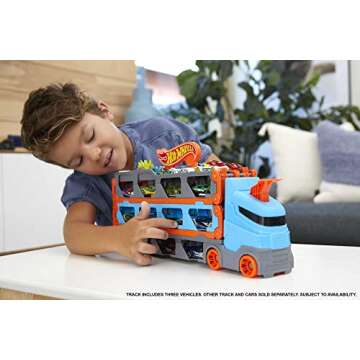 Hot Wheels - Speedway Hauler Storage Carrier with 3 1:64 Scale Cars & Convertible 6-Foot Drag Race T...