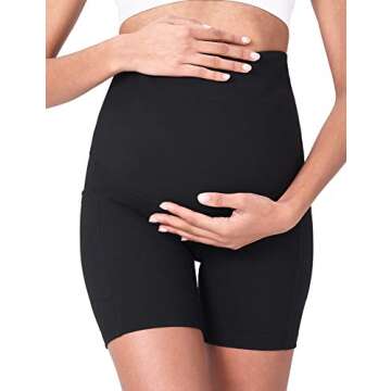 POSHDIVAH Women's Maternity Yoga Shorts Over The Belly Bump Summer Workout Running Active Short Pants with Pockets Black 5" Medium