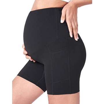 POSHDIVAH Women's Maternity Yoga Shorts Over The Belly Bump Summer Workout Running Active Short Pants with Pockets Black 5" Medium
