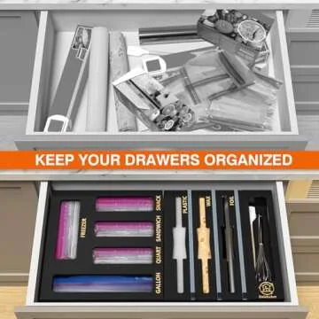 DALSHABET 9 IN1 Bamboo Storage Bag Drawer Organizer with Cutter, Foil and Plastic Wrap Dispenser for...