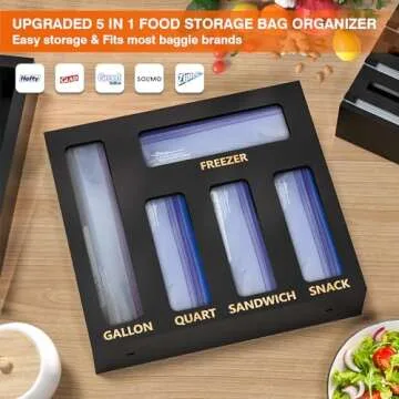 DALSHABET 9 IN1 Bamboo Storage Bag Drawer Organizer with Cutter, Foil and Plastic Wrap Dispenser for Kitchen Storage Compatible with All Brands Gallon, Quart, Sandwich & Snack Size Bags - Black