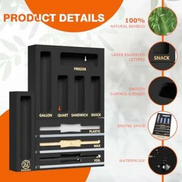DALSHABET 9 IN1 Bamboo Storage Bag Drawer Organizer with Cutter, Foil and Plastic Wrap Dispenser for Kitchen Storage Compatible with All Brands Gallon, Quart, Sandwich & Snack Size Bags - Black