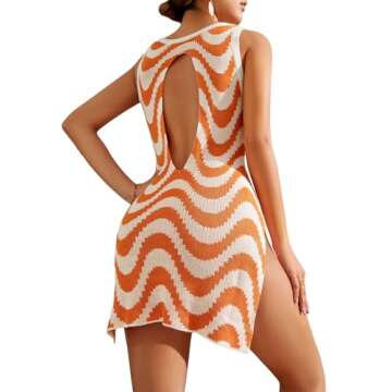 COZYEASE Women's Bathing Suit Crochet Cover Ups Spaghetti Strap Hollow Out V Neck Beach Dress Orange Multicolor M-CEHGJ20240925