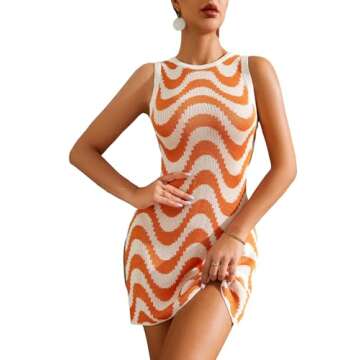 COZYEASE Women's Bathing Suit Crochet Cover Ups Spaghetti Strap Hollow Out V Neck Beach Dress Orange Multicolor M-CEHGJ20240925