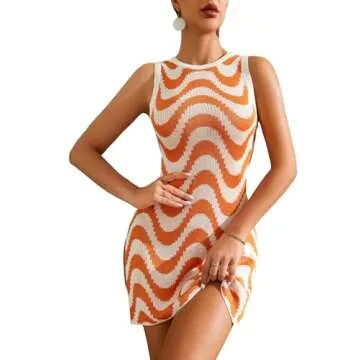 COZYEASE Women's Bathing Suit Crochet Cover Ups Spaghetti Strap Hollow Out V Neck Beach Dress Orange Multicolor M-CEHGJ20240925