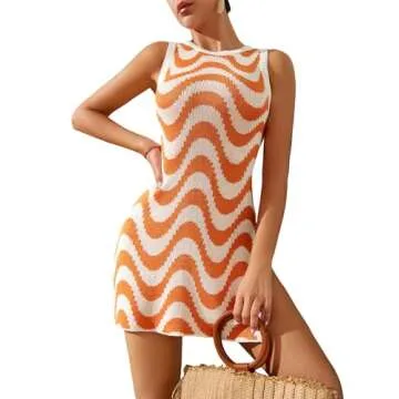 COZYEASE Women's Bathing Suit Crochet Cover Ups Spaghetti Strap Hollow Out V Neck Beach Dress Orange Multicolor M-CEHGJ20240925