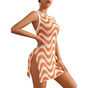 COZYEASE Women's Bathing Suit Crochet Cover Ups Spaghetti Strap Hollow Out V Neck Beach Dress Orange Multicolor M-CEHGJ20240925