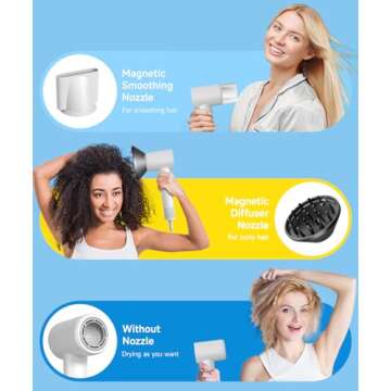 Professional Hair Dryer - 130000 RPM High Speed Brushless Motor Negative Ionic Blow Dryer for Fast Drying, Low Noise Thermo-Control Hairdryer with Magnetic Diffuser & Nozzle for Women for Home Travel