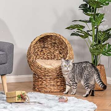 PawHut Handwoven Elevated Cat Bed with Soft Cushion & Cat Egg Chair Shape, Cat Basket Bed Kitty Hous...