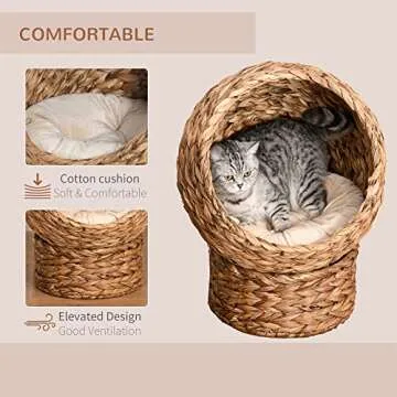 PawHut Handwoven Elevated Cat Bed with Soft Cushion & Cat Egg Chair Shape, Cat Basket Bed Kitty House with Stand, Raised Wicker Cat Bed for Indoor Cats, 20.5" H, Brown