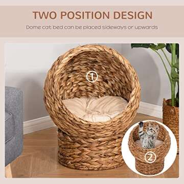 PawHut Handwoven Elevated Cat Bed with Soft Cushion & Cat Egg Chair Shape, Cat Basket Bed Kitty House with Stand, Raised Wicker Cat Bed for Indoor Cats, 20.5" H, Brown