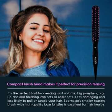 Spornette Boar Bristle Hair Brush for Women & Men - Little Wonder Small Teasing Brush - Create Slick Backs & Volume - Boar & Tourmaline Nylon Bristles for Back Brushing & Combing (Pink)