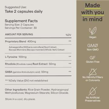 Rae Wellness DeStress Capsules - Ashwagandha Supplements with GABA, L-Tyrosine and Rhodiola Rosea - Stress Management Support - Vegan, 60 Capsules (30 Day Supply)