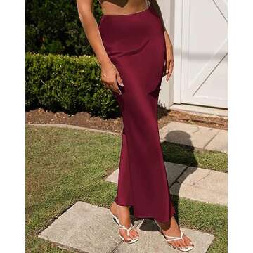 Outoshe Women's Satin High Waisted Maxi Skirts Hidden Elasticized Waistband A Line Long Skirt (Wine ...