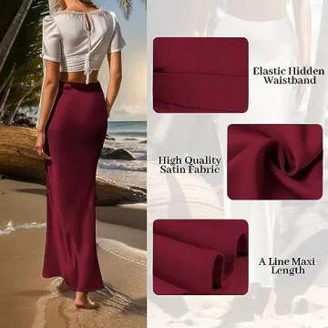 Outoshe Women's Satin High Waisted Maxi Skirts Hidden Elasticized Waistband A Line Long Skirt (Wine Red, X-Large)