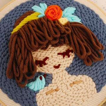 Punch Needle Kits Adults Beginner DIY Cute and Unique Cartoon Girl 8 in Hoop Embroidery Set for Beginners Perfect Gifts for Women, Moms, and Grandmas (Garden Girl)