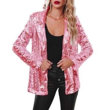 Womens Shiny Sequin Bomber Jacket Retro Lapel Collar Long Sleeve Sparkly Glitter Blazer Coat Rave Ou...