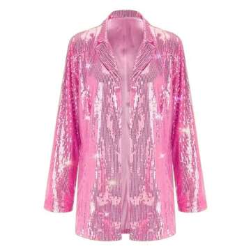 Womens Shiny Sequin Bomber Jacket Retro Lapel Collar Long Sleeve Sparkly Glitter Blazer Coat Rave Outerwear Pink XXL