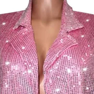 Womens Shiny Sequin Bomber Jacket Retro Lapel Collar Long Sleeve Sparkly Glitter Blazer Coat Rave Outerwear Pink XXL