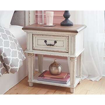 Signature Design by Ashley Realyn Traditional Cottage 1 Drawer Nightstand with Dovetail Construction & Open Display Shelf, Chipped White, 27" Tall, Distressed Brown