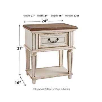 Signature Design by Ashley Realyn Traditional Cottage 1 Drawer Nightstand with Dovetail Construction & Open Display Shelf, Chipped White, 27" Tall, Distressed Brown