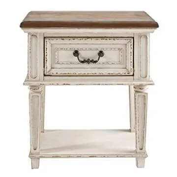 Signature Design by Ashley Realyn Traditional Cottage 1 Drawer Nightstand with Dovetail Construction & Open Display Shelf, Chipped White, 27" Tall, Distressed Brown