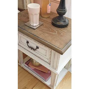Signature Design by Ashley Realyn Traditional Cottage 1 Drawer Nightstand with Dovetail Construction & Open Display Shelf, Chipped White, 27" Tall, Distressed Brown