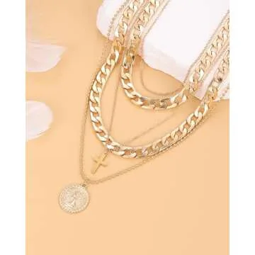 MJartoria Gold Layered Necklaces for Women Trendy Retro Coin Pendant Necklace Dainty Chunky Chain Choker Necklaces for Jewelry Birthday Gifts (Gold, A-Y-Retro Coin-Cross-5 in 1 Layered)