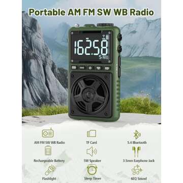 Portable AM FM Shortwave Radio with Bluetooth 5.4,NOAA Weather Alert Radio,1250mAh Rechargeable Portable Pocket Radio with Best Reception,5W Big Speaker, Digital Tuner and Earphone,SD Card Playing