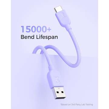 Cable Matters 3-Pack Extreme Flexible Short USB A to USB C Cable 3ft in Orange Blue Purple, Support Apple CarPlay, Android Auto, USB to USB C Charging Cable for iPhone 16/15 Pro Max Plus, Galaxy S23