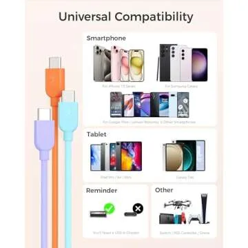 Cable Matters 3-Pack Extreme Flexible Short USB A to USB C Cable 3ft in Orange Blue Purple, Support Apple CarPlay, Android Auto, USB to USB C Charging Cable for iPhone 16/15 Pro Max Plus, Galaxy S23