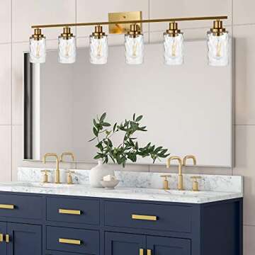 MELUCEE 6-Light Vanity Light in Brushed Brass with Clear Hammered Glass for Modern Bathrooms