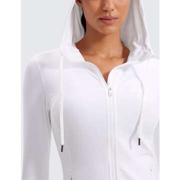 CRZ YOGA Butterluxe Womens Hooded Workout Jacket Athletic Running Zip Up with Back Mesh Vent and Thumb Holes White Medium