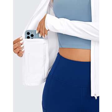 CRZ YOGA Butterluxe Womens Hooded Workout Jacket Athletic Running Zip Up with Back Mesh Vent and Thumb Holes White Medium