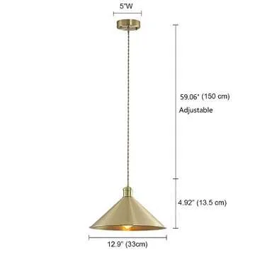 SUSUO 13"W Pure Golded Contemporary Ceiling Pendant Lighting with Conical Shade in Warm Brass,Farmho...