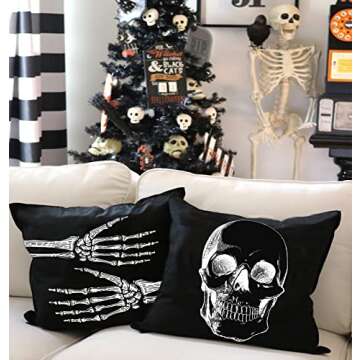 GEEORY Halloween Pillow Covers 18x18 inch Set of 4 Skeleton Hands Bat Throw Pillow Covers for Fall Halloween Decorations Halloween Party Pillows Decorative Pillow Covers for Couch Sofa