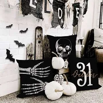 GEEORY Halloween Pillow Covers 18x18 inch Set of 4 Skeleton Hands Bat Throw Pillow Covers for Fall Halloween Decorations Halloween Party Pillows Decorative Pillow Covers for Couch Sofa
