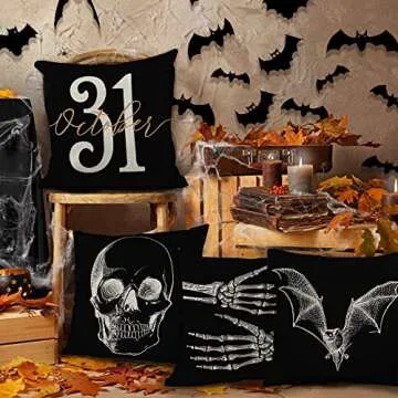 GEEORY Halloween Pillow Covers 18x18 inch Set of 4 Skeleton Hands Bat Throw Pillow Covers for Fall Halloween Decorations Halloween Party Pillows Decorative Pillow Covers for Couch Sofa