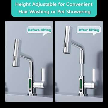 BARROCK Waterfall Bathroom Faucets with Pull Down Sprayer, Modern Pull Out Bathroom Sink Faucet with Digital Temperature Display, Height Adjustable Basin Mixer Tap No Battery Needed, Chrome