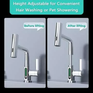 BARROCK Waterfall Bathroom Faucets with Pull Down Sprayer, Modern Pull Out Bathroom Sink Faucet with Digital Temperature Display, Height Adjustable Basin Mixer Tap No Battery Needed, Chrome