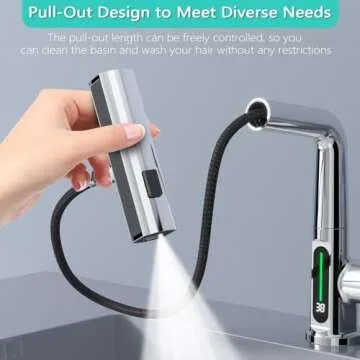 BARROCK Waterfall Bathroom Faucets with Pull Down Sprayer, Modern Pull Out Bathroom Sink Faucet with Digital Temperature Display, Height Adjustable Basin Mixer Tap No Battery Needed, Chrome