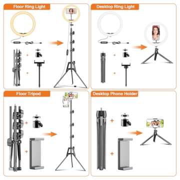 PEYOU 12" Ring Light with 60" Extendable Tripod Stand with 【Desk Tripod】 and 2 Phone Holders, Ring Light Tripod for iPhone for YouTube/TikTok,Ring Light Tripod Compatible with All Phones and Cameras