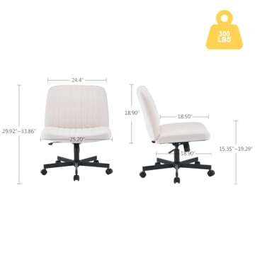 Fuqido Criss Cross Chair with Wheels, Wide Seat Cross Legged Armless Office Chair, Swivel Vanity Chair Height Adjustable, Fabric Ergonomic Office Desk Chair, Computer Chairs for Living Room Makeup