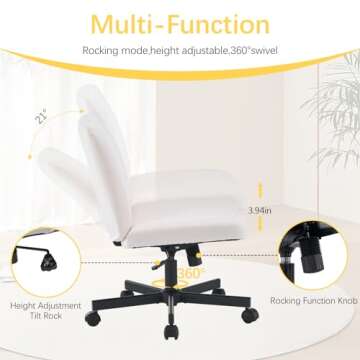 Fuqido Criss Cross Chair with Wheels, Wide Seat Cross Legged Armless Office Chair, Swivel Vanity Chair Height Adjustable, Fabric Ergonomic Office Desk Chair, Computer Chairs for Living Room Makeup