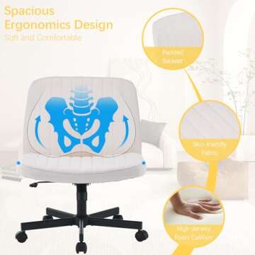 Fuqido Criss Cross Chair with Wheels, Wide Seat Cross Legged Armless Office Chair, Swivel Vanity Chair Height Adjustable, Fabric Ergonomic Office Desk Chair, Computer Chairs for Living Room Makeup