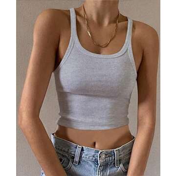 MISSACTIVER Women’s Basic Rib Knit Crop Tank Top Casual Solid Scoop Neck Sleeveless Crop Top Camisole Grey