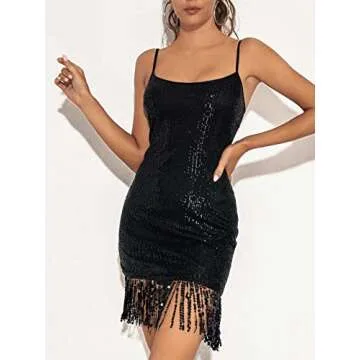 EVILD Women Sequin Bodycon Dress Black Tassel Spaghetti Strap Mini Dresses Party Club Sleeveless Dress
