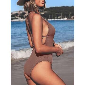 CUPSHE Women's Solid Color V Neck Lace Up One Piece Swimsuit, L