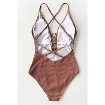 CUPSHE Women's Solid Color V Neck Lace Up One Piece Swimsuit, L