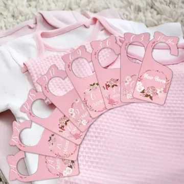 Imtively Baby Closet Dividers for Clothes Organizer, 8 Pack Pink Flowers Wooden Double-Sided Baby Clothes Size Hanger Organizer from Newborn to 24 Months for Daycare Wardrobe, Boho Nursery Decor